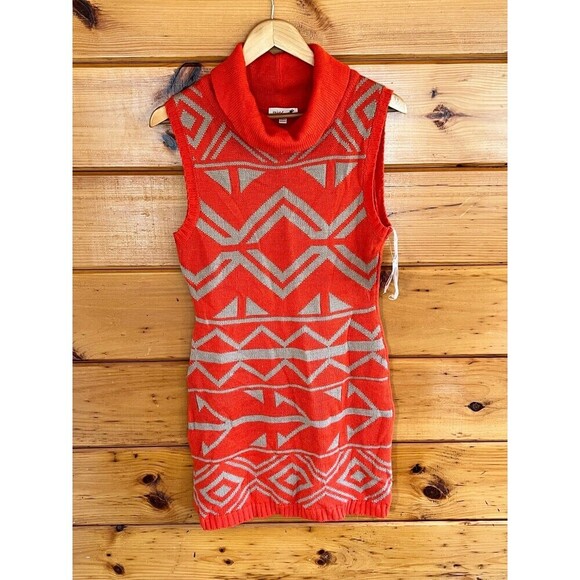 Mine Knit Sweater Dress Orange Beige Geometric Turtleneck Sleeveless Size L - Picture 2 of 4